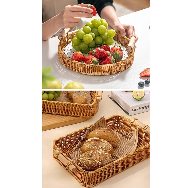 Handwoven Rattan Serving Tray Set Rectangular Round Basket with Handle