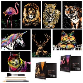 Scratch Art for Kids & Adults, Rainbow Engraving Painting Landscape Scratchboard(A4) Crafts Set: 8 Sheets Scratch Cards with 4 tools - Unicorn/Flamingo/Cat/Deer/Lion/Tiger/Leopard/Wolf(Animal Series)