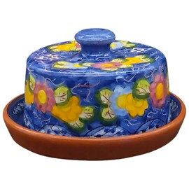 Handmade Hand Painted Portuguese Pottery Butter Dish with Lid (Floral), Multicolor 6.5” x 6.5” x 4” inches (246-346-446)