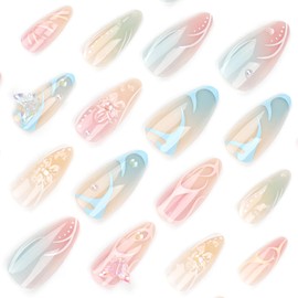 Press On Nails with Nail Glue, 3D Flower Leopard Print Camellia Tulip Designed in Glue on Nails, Fake Nails, Short Square Almond Ballet Shape for Stick On Nails on 24PCS,Rainbow 3D Flower