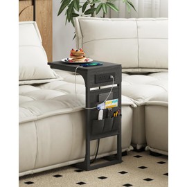 TUTOTAK C Shaped End Table with Charging Station, Side Table for Sofa and Couch with Storage, TV Tray Table with 2 USB Ports & Outlets - Black TB01BK024