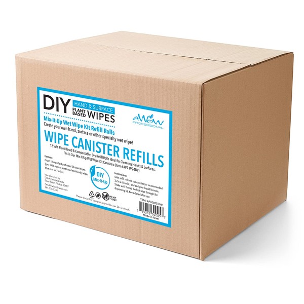 AWOW Professional DIY Hand & Surface, 12 50ct Refill Perforated Dry Wipe Rolls for Canisters, 600 Compostable Wipes