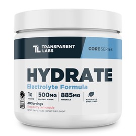 Transparent Labs Hydrate Sugar Free Electrolytes Powder - Hydration Powder Electrolytes with Coconut Water, Calcium, Taurine, & Potassium - 40 Servings, Raspberry Lemonade