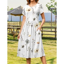 Zeagoo Floral Casual Dresses Modest Tshirt Dress Aline Midi Dress Floral Boho Sundress with Pockets Cotton Ladies Summer Dress Travel Dress Holiday Dresses,L