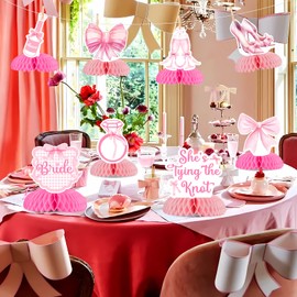 Cheereveal 8Pcs Pink Bow She’s Tying the Knot Honeycomb Centerpieces for Bridal Shower Decor, Coquette Princess Bows Centerpieces Table Topper for Bachelorette Wedding Engagement Party Decorations