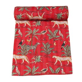 Marubhumi Quilts Handmade Traditional Pure Cotton Jungle Print Kantha Quilt, Animal Printed Bed Cover Reversible, Comforter, Red - Queen (90 x 108 Inches)
