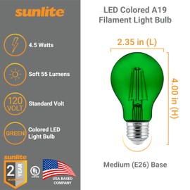 Sunlite 40941 LED Colored Filament A19 Light Bulb, 4.5 Watts, Medium E26 Base, 120 Volts, Transparent Green, Dimmable, 320 Degree Beam Angle, UL Listed, 6 Count