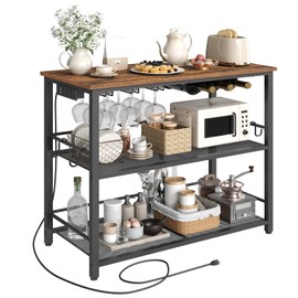 MAHANCRIS 47.2" Kitchen Island, Kitchen Storage Rack with Power Outlet, Microwave Stand with Wine Rack, 3 Tier Coffee Bar Station for Dining Room, Rustic Brown and Black KIHR92E01