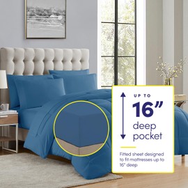 Sweet Home Collection 7 Piece Comforter Set Bag Solid Color All Season Soft Down Alternative Blanket & Luxurious Microfiber Bed Sheets, Denim, Queen