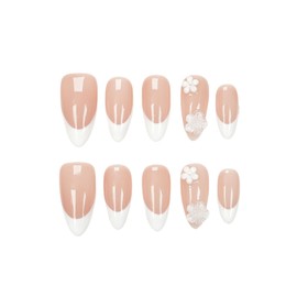 Handmade Press On Nails Medium Almond-Salon Gel Acrylic Full Set 10pcs-Reusable Nude Base White French-Tip Floral (Dancing Petals, Size S)