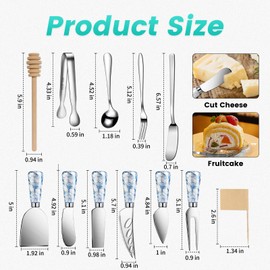 Marble Blue Cheese Knife Set, Ceramic Handle Charcuterie Board Accessories Butter Spreader Knife Cheese Slicer Knife With Serving Tongs, Spoons, Forks, Flags Cheese Markers, Wooden Honey Dipper