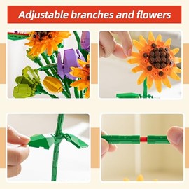 Sawaruita - Juego de construcción de ramo de girasol, colección botánica, bloques de construcción artificiales, regalos de arte para adultos y mujeres