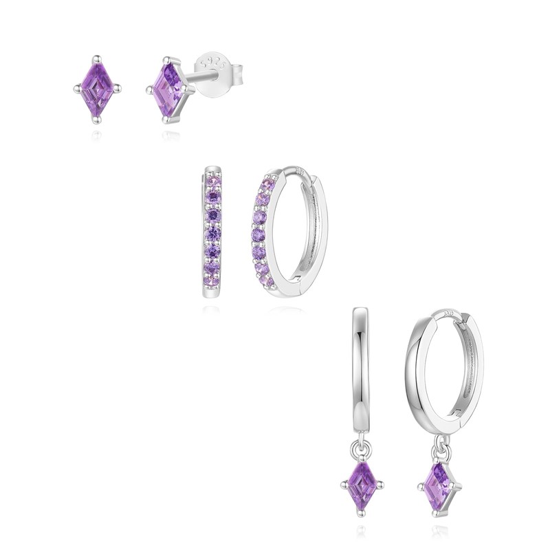 Sterling Silver Earrings Set for Women, Dainty Silver Purple Cartilage