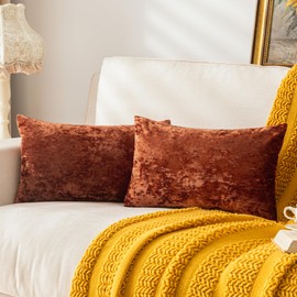 SINYASAN Set of 2 Rust Red Decorative Velvet Throw Pillow Covers 12x20 Inches, Soft Neutral Accent Pillow Cases with Vintage Textured Farmhouse Couch Cushion Covers for Luxurious Home Decor