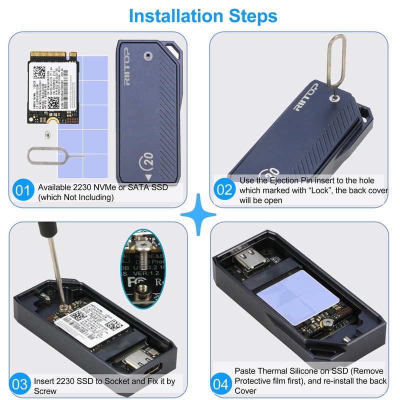 RIITOP M.2 NVMe SSD Enclosure 20Gbps, NVMe to USB3.2 Gen2X2