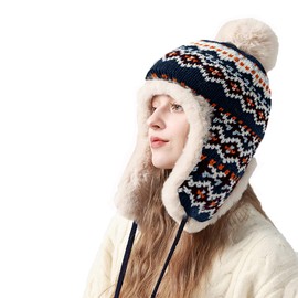 YAMEE Winter Hat Winter for Women Plush Thickened Ski Caps Women's Knitted with Ear Flaps Warm Russian Hat Men's Cold Protection Trapper Hat Unisex with Chin Strap Hat Skiing Outdoor, darkblue