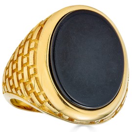 Solid 925 Sterling Silver Mens Black Onyx Ring - 14k Yellow Gold Finish - Large Men's Natural Black Onyx Gemstone Ring- Size 7-13 (11)