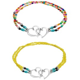 RIJXU 2PCS Beaded Anklets for Women with Silver Double Heart Stretch Elastic Ankle Bracelets for Women Summer Boho Jewelry, Large, Alloy, Rhinestone