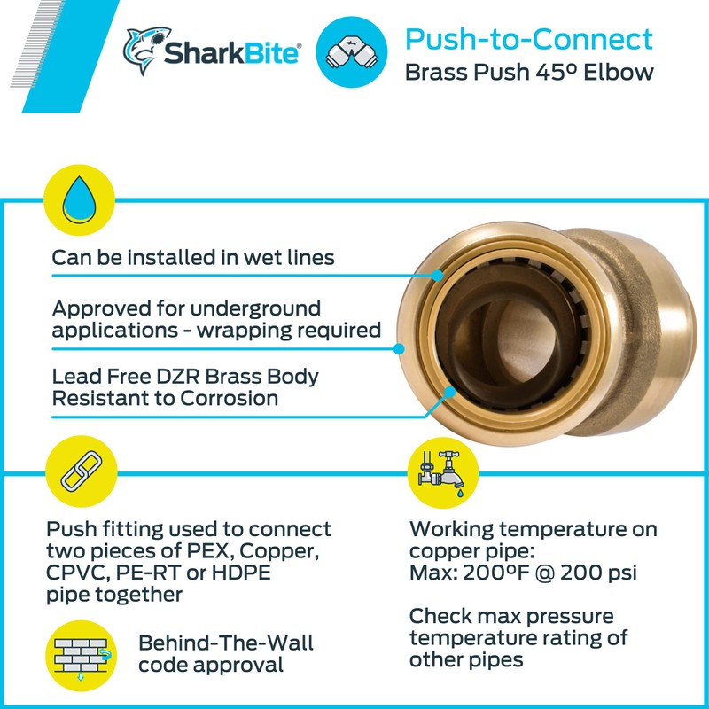 SharkBite 1 Inch 45 Degree Elbow, Push to Connect Brass
