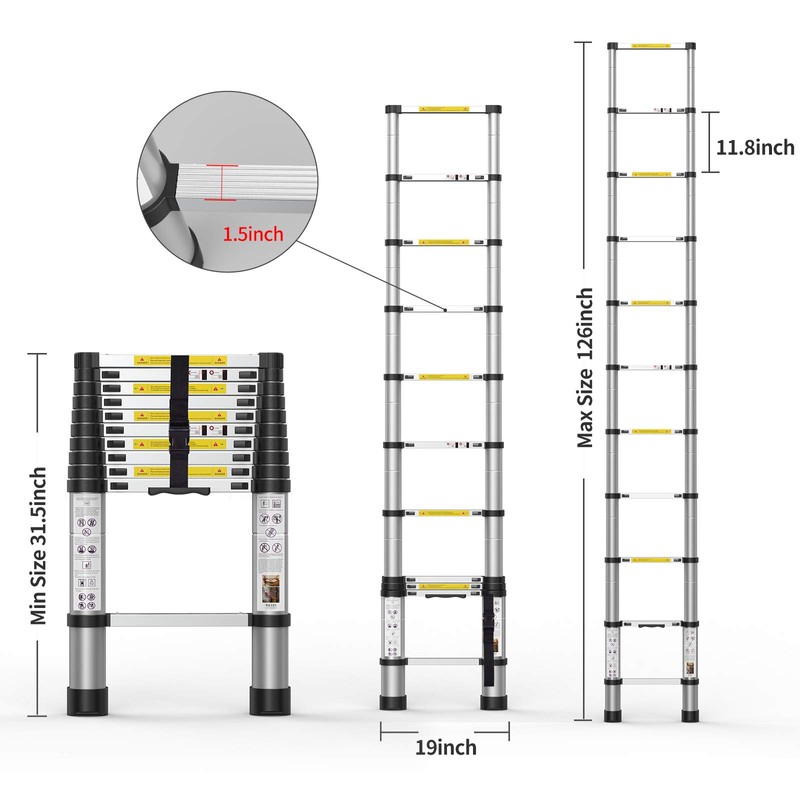 Telescoping Extension Ladder 10.5FT, Aluminum Telescopic Ladders with Carry Bag