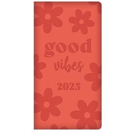 2025 Red Soft Touch Padded Cover Slim Wallet Diary Week to View "Good Vibes" Textured Design