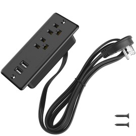 Recessed Power Strip Flat Plug, Desk Outlet with USB, ETL Listed Conference Recessed Power Outlet Socket with 2 AC Plugs, 2 USB Ports Connect with 10ft Power Cord for Furniture, Home, Office(Black)