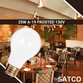 Satco S3950 A19 Incandescent Bulb, 25W, 130V, Frosted Finish, 180 Lumens, Medium E26 Base, Dimmable, 2700K Warm White, 2,500 Hour Lifespan (24 Bulbs)