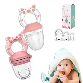 Chupón Para Fruta Y Papilla con Seguro Y Tapa Dibujos Animados, 2 piezas, Libre de BPA (ROSA Y BLANCO ROSA)