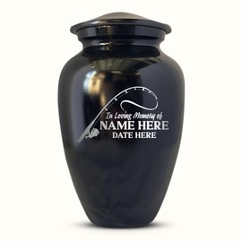 Custom Human Cremation Urn for Adult Men & Women Ashes - Engraved Aluminum Urn with Name & Funny Humorous Fishing Reel Design - Polished Finish Vessel for Fishing Enthusiasts Remains | Black