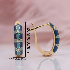1 Pair Exquisite Luxury Court Vintage Style Hoop Earrings Blue Enamel Flower Accents, Golden Bordered Copper Hoop Elegant DesignColor: Gold