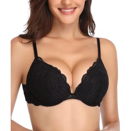 Deyllo Women's Push-Up Bra with Floral Lace Cups, Underwired Bra, Padded, Elegant, black