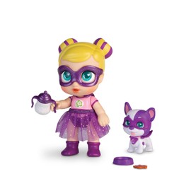 Super Cute Glitzy Cool Mini Doll with Puppy - Sofi and Wanda, 12 cm Large Moving Doll with Puppy, Superhero Costumes and Accessories, Suitable from 4 Years