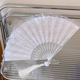 Vintage Lace Tassel Hand Fan, Feather Folding Fan, Black/White for fancy dress parties and proms! (White)