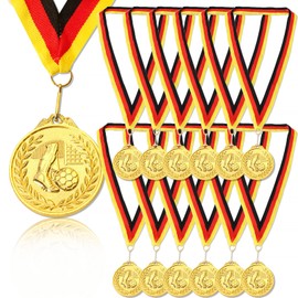 GEBETTER Pack of 12 Football Medals Children's Birthday Metal Gold Medals with Black Red Gold Ribbon for Boys Girls Children Adults as Party Bags
