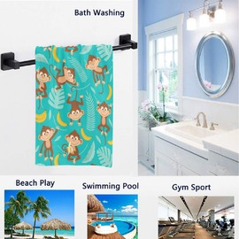 Naanle Tropical Cute Cartoon Monkey Banana Print Soft Highly Absorbent Large Decorative Hand Towels Multipurpose for Bathroom, Hotel, Gym and Spa (16 x 30 Inches)