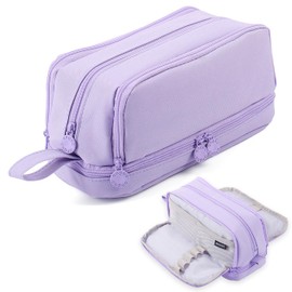 MAMUNU Pencil Case with Large Capacity Pencil Case 3 Compartments for Boys Girls Portable Pencil Case School for Students Adults Women School & Office Makeup, Purple, Cosmetic bag