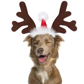 BWOGUE Diadema con Cuernos De Reno Y Alce para Perro con Gorro De Papá Noel, Disfraz Navideño para Mascota, Accesorios para La Cabeza para Perros Y Gatos Grandes Grande Blanco,Rojo