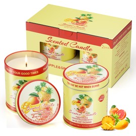 2 Pack Scented Candles (90 Total Burn Hours) - Soy Wax Candles 9 oz Each in Tin - Long Lasting Aromatherapy Candle Gift Set (Pineapple Grapefruit Mango)