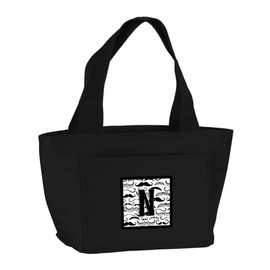 Caroline's Treasures CJ2009-NBK-8808 Letter N Moustache Initial Lunch Bag Insulated Lunch Box Tote Bag for Women Adult Men, Reusable, Large, Black