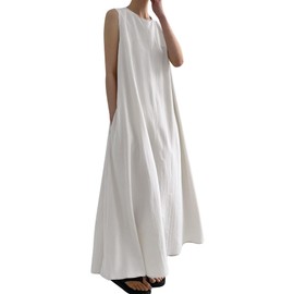 CHARTOU Women Casual Cotton Linen Sleeveless Maxi Dress Ruffle Shift Dress Flowy Beach Summer Long Tank Dress (X-Small, White)
