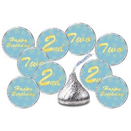 2nd Birthday Kisses Stickers, Two Blue Kiss Labels for Boy Happy Birthday Party, Chocolate Drop Tabletop Decorations, Candy Not Included.