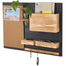MyGift 25 x 19 Inch Wall Mounted Dual Tone Solid Wood Entryway Organizer with Cork Bulletin Board, Mail Holder, Glass Flower Vase, and 4 Hanging Hooks for Keys