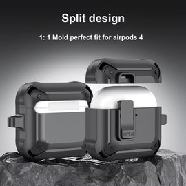 VOLTTA Rugged Protective Case for AirPods 4 with Carabiner, Lock Design Full-Body with Keychain, Military-Grade Drop Protection, Black