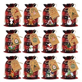 Aviski 60PCS Cotton Small Christmas Drawstring Candy Treat Bags Buffalo Plaid Xmas Xmas Christmas Fabric Goody Gift Sacks Reusable Gift Wrapping Bags Holiday Party Favors - Red/Black