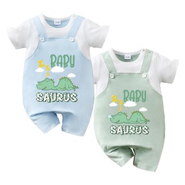 IURNXB 2-Pack Baby Dinosaur Romper Set Baby Saurus Short sleeve Overalls with Snap Bottoms Toddler Boy Girl Summer Outfit (Green+Blue,9-12 Months)