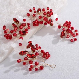 Lenjicons White Flower Red Rhinestone Pearls Hair Vine Faux Pearls Rhinestone Headband Wedding Headpiece Crystal Beads Bridal Headband for Women (red, free size)