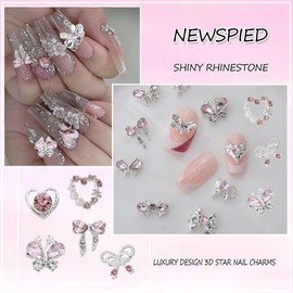 18Pcs Sliver Nail Charms for Nails Y2K Butterfly Bows Heart Nail Rhinestones Shiny Alloy Heart Nails Gems Pink Crystal Nails Art Jewels Bow Nail Art Charms for DIY Valentines Manicure Accessories
