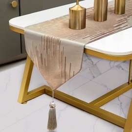 Fullony Champagne 72 Inches Long Table Runner Gorgeous Embroidery Vintage Thick Fabric Abstract Striped Table Runners for Home Living Room Bedroom Dinner Room Art Decor Holiday