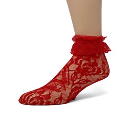 EMEM Apparel Women's Ladies Lace Anklet Ankle Quarter Socks Stockings with Ruffle Red 9-11