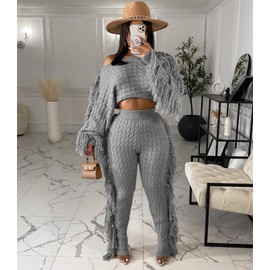 Angsuttc Angsuttc Fringe Set Women 2 Piece Outfit Knit Tassels Cropped Sweater Sweatpants Sweat Sets Grey S